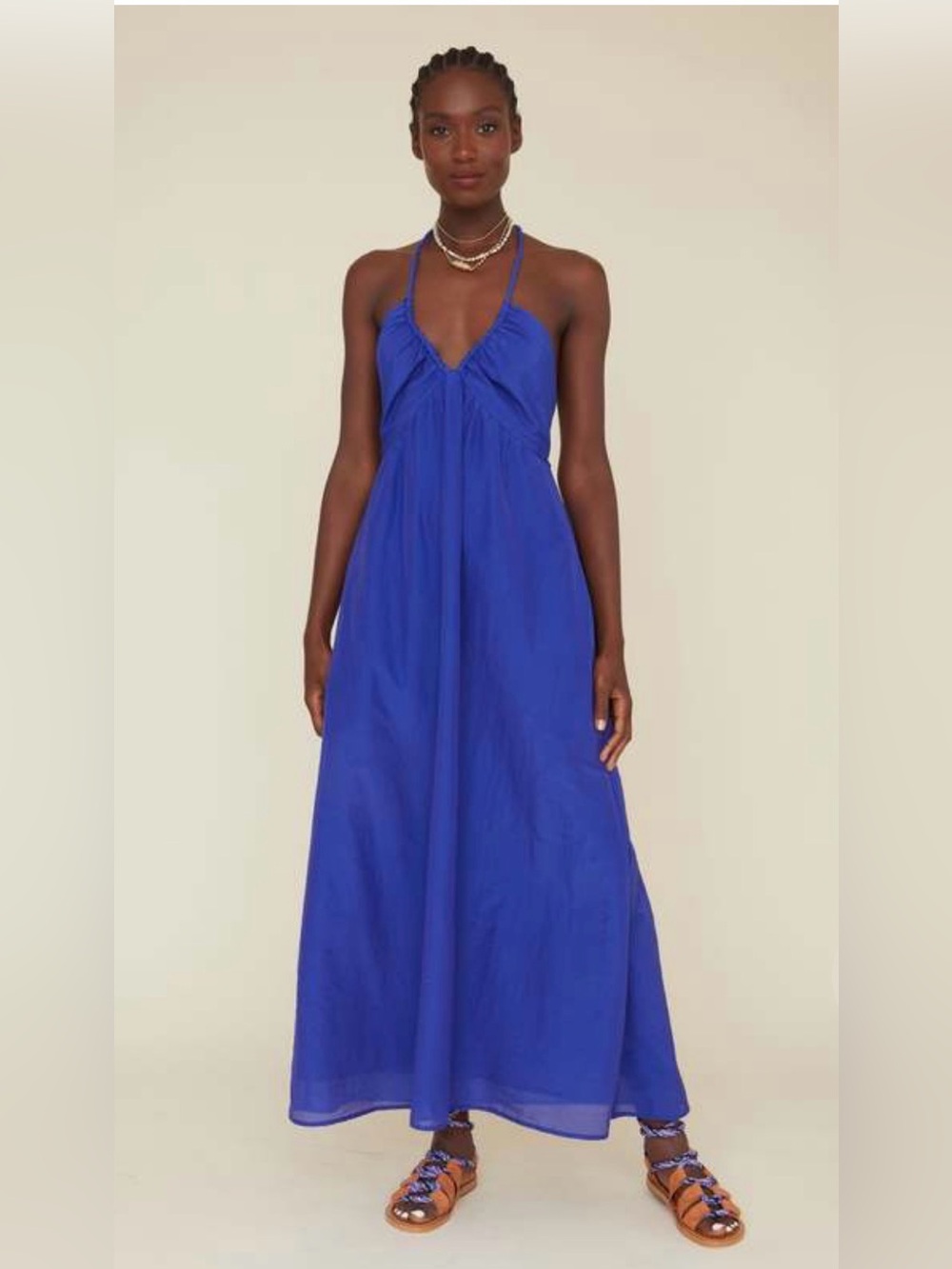 XiRENA Blue Cotton and Silk  Halter Maxi Dress